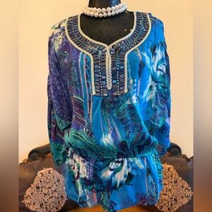 IMAN Blue and Purple Patterned Blouse Embellished With Jewels Size XS